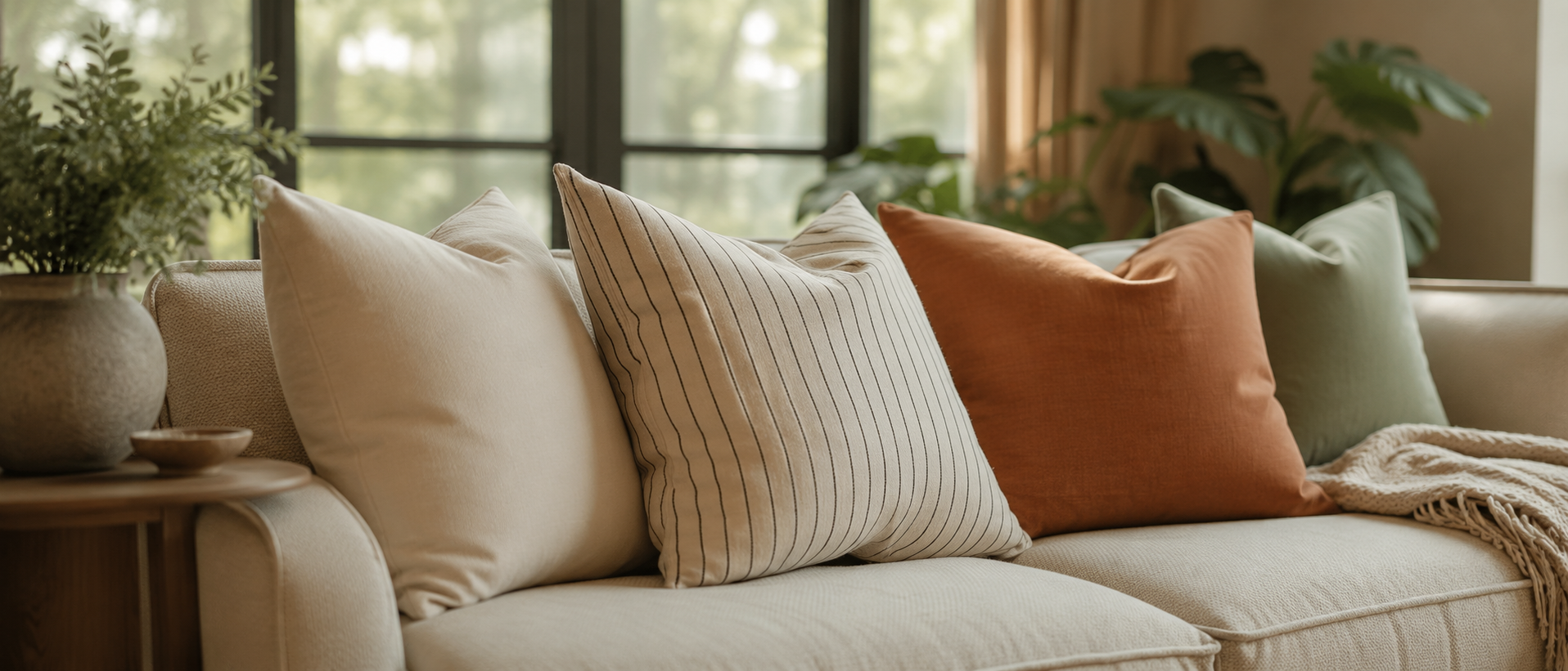 Soft home textiles styled in a warm interior