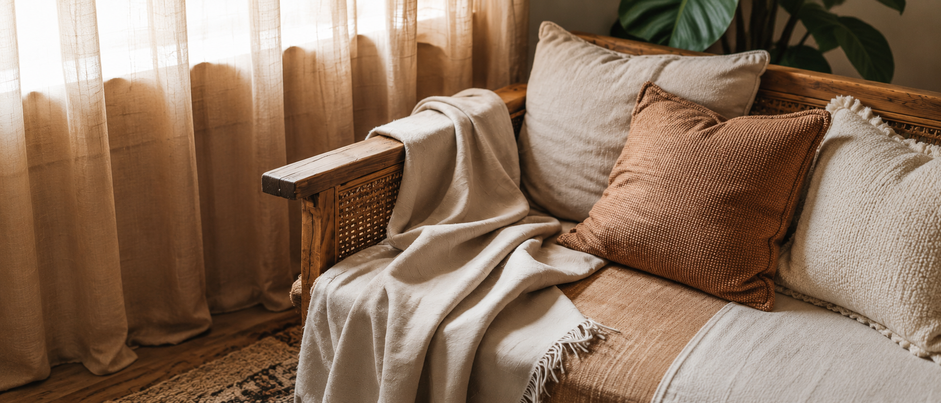 Soft cushions and blankets styled in a comfortable living space